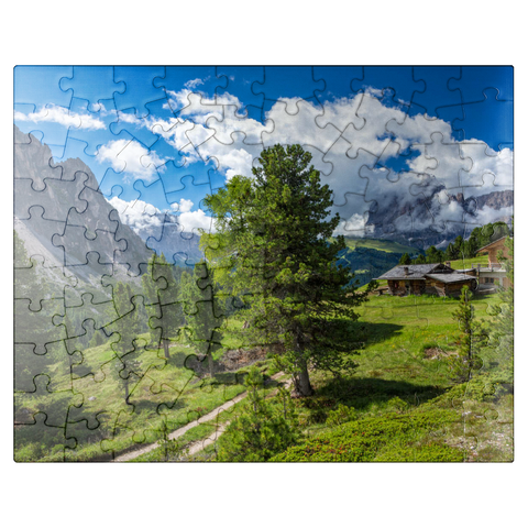 puzzleplate At Col Raiser (2106m) against Sella Group and Sassolungo (3181m), S. Cristina in Val Gardena 100 Jigsaw Puzzle