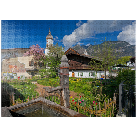 puzzleplate Polznkasparhaus with church St. Martin at Mohrenplatz in Garmisch-Partenkirchen 1000 Jigsaw Puzzle