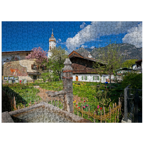 puzzleplate Polznkasparhaus with church St. Martin at Mohrenplatz in Garmisch-Partenkirchen 500 Jigsaw Puzzle