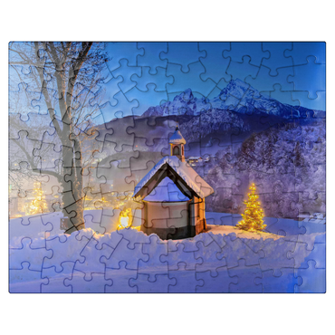 puzzleplate Kirchleitn chapel at Weinfeld with Watzmann (2713m) and Christmas tree 100 Jigsaw Puzzle
