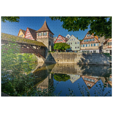 puzzleplate Covered wooden bridge over the Kocher river, Kocher bridge 1000 Jigsaw Puzzle
