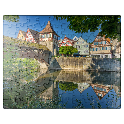 puzzleplate Covered wooden bridge over the Kocher river, Kocher bridge 100 Jigsaw Puzzle