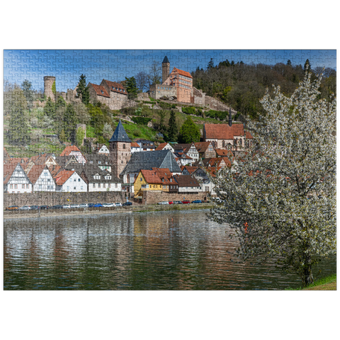 puzzleplate Historic town center with Hirschhorn castle in springtime 1000 Jigsaw Puzzle