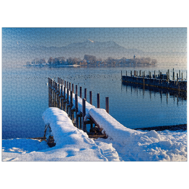 puzzleplate Boat jetty in Gstadt at Chiemsee with view to Fraueninsel against Hochgern 1000 Jigsaw Puzzle