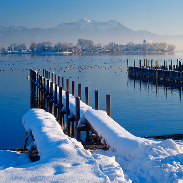 Boat jetty in Gstadt at Chiemsee with view to Fraueninsel against Hochgern 1000 Jigsaw Puzzle 3D Modell
