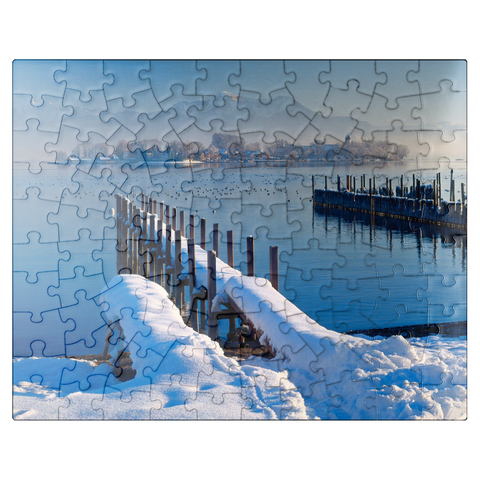puzzleplate Boat jetty in Gstadt at Chiemsee with view to Fraueninsel against Hochgern 100 Jigsaw Puzzle