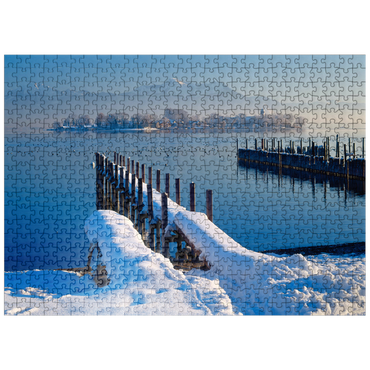 puzzleplate Boat jetty in Gstadt at Chiemsee with view to Fraueninsel against Hochgern 500 Jigsaw Puzzle