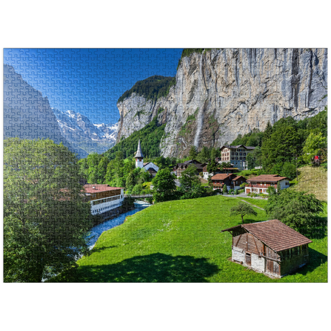 puzzleplate Place Lauterbrunnen with the Staubbach Falls 1000 Jigsaw Puzzle