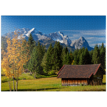 puzzleplate Hay barn near Gerold with Zugspitze group (2962m), Upper Bavaria 1000 Jigsaw Puzzle