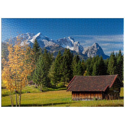 puzzleplate Hay barn near Gerold with Zugspitze group (2962m), Upper Bavaria 1000 Jigsaw Puzzle