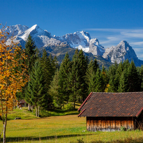 Hay barn near Gerold with Zugspitze group (2962m), Upper Bavaria 1000 Jigsaw Puzzle 3D Modell