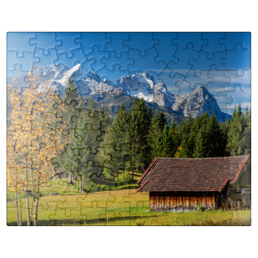 puzzleplate Hay barn near Gerold with Zugspitze group (2962m), Upper Bavaria 100 Jigsaw Puzzle
