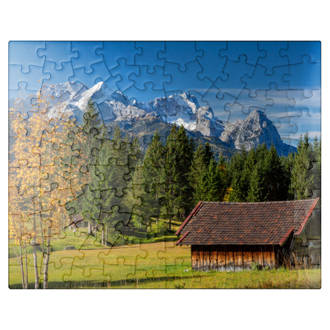 puzzleplate Hay barn near Gerold with Zugspitze group (2962m), Upper Bavaria 100 Jigsaw Puzzle
