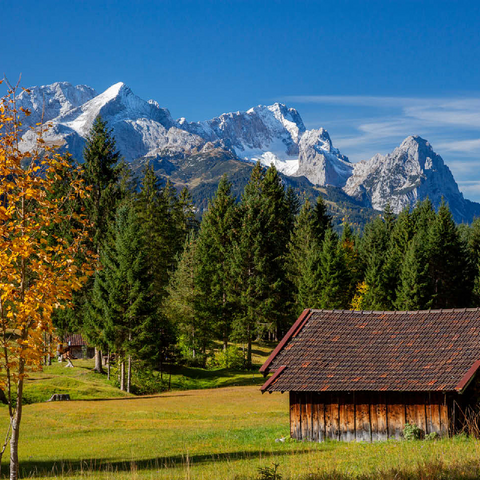 Hay barn near Gerold with Zugspitze group (2962m), Upper Bavaria 100 Jigsaw Puzzle 3D Modell