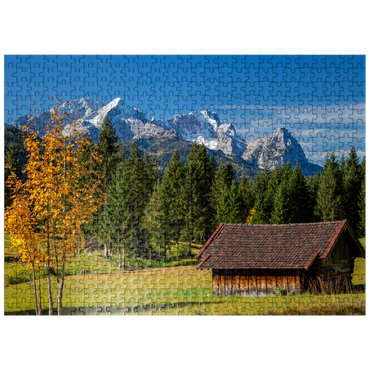 puzzleplate Hay barn near Gerold with Zugspitze group (2962m), Upper Bavaria 500 Jigsaw Puzzle