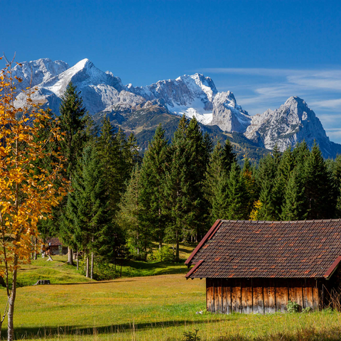 Hay barn near Gerold with Zugspitze group (2962m), Upper Bavaria 500 Jigsaw Puzzle 3D Modell