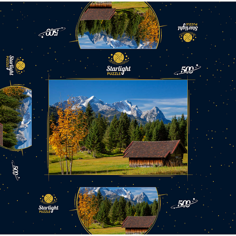 Hay barn near Gerold with Zugspitze group (2962m), Upper Bavaria 500 Jigsaw Puzzle box 3D Modell
