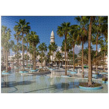 puzzleplate Fountain with palm trees on Princess Haya Circle, Aqaba, Gulf of Aqaba, Jordan 1000 Jigsaw Puzzle