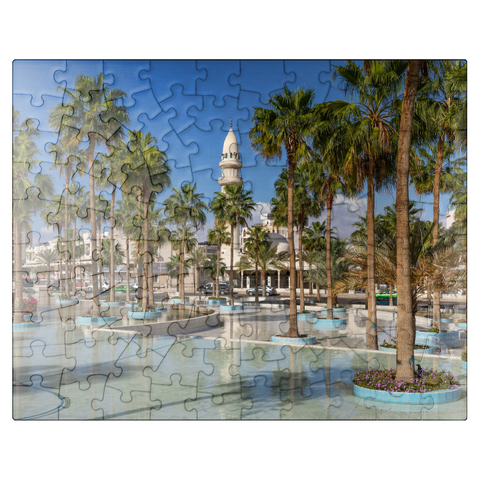 puzzleplate Fountain with palm trees on Princess Haya Circle, Aqaba, Gulf of Aqaba, Jordan 100 Jigsaw Puzzle