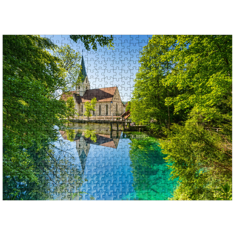 puzzleplate Monastery church at Blautopf, a karst spring in Blaubeuren, Alb-Donau district 500 Jigsaw Puzzle