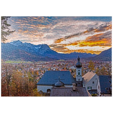 puzzleplate pilgrimage church St. Anton against Wetterstein mountains with Zugspitze (2962m) 1000 Jigsaw Puzzle