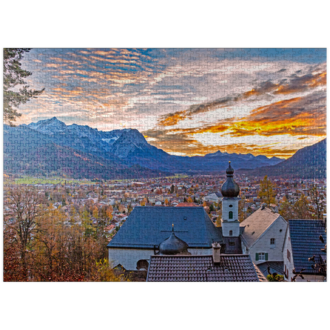 puzzleplate pilgrimage church St. Anton against Wetterstein mountains with Zugspitze (2962m) 1000 Jigsaw Puzzle