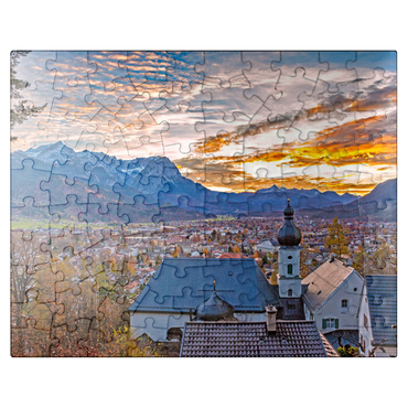 puzzleplate pilgrimage church St. Anton against Wetterstein mountains with Zugspitze (2962m) 100 Jigsaw Puzzle