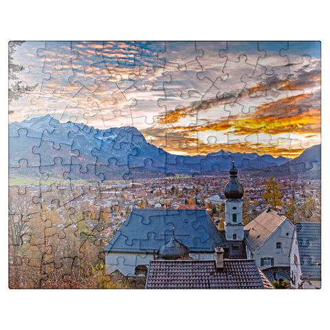 puzzleplate pilgrimage church St. Anton against Wetterstein mountains with Zugspitze (2962m) 100 Jigsaw Puzzle