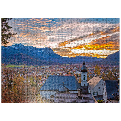 puzzleplate pilgrimage church St. Anton against Wetterstein mountains with Zugspitze (2962m) 500 Jigsaw Puzzle