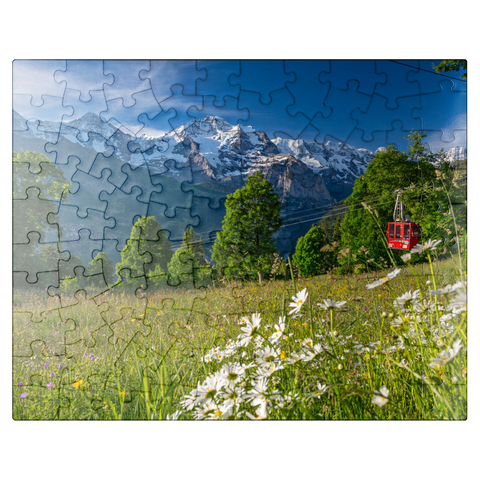 puzzleplate Isenfluh, hamlet Sulwald mountain station of the cable car against Eiger, Mönch and Jungfrau 100 Jigsaw Puzzle