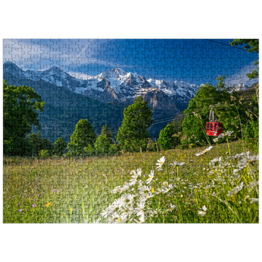 puzzleplate Isenfluh, hamlet Sulwald mountain station of the cable car against Eiger, Mönch and Jungfrau 500 Jigsaw Puzzle