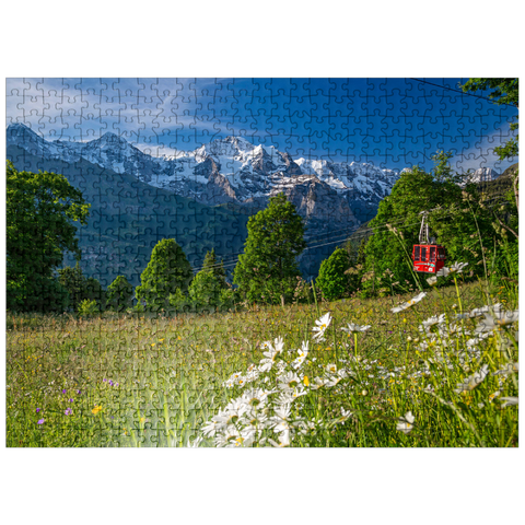 puzzleplate Isenfluh, hamlet Sulwald mountain station of the cable car against Eiger, Mönch and Jungfrau 500 Jigsaw Puzzle