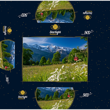 Isenfluh, hamlet Sulwald mountain station of the cable car against Eiger, Mönch and Jungfrau 500 Jigsaw Puzzle box 3D Modell