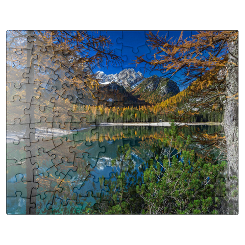 puzzleplate Braies Lake in the Fanes-Sennes-Braies Nature Park, Dolomites, Province of Bolzano, Trentino-Alto Adige 100 Jigsaw Puzzle
