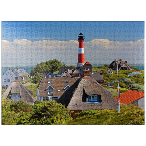 puzzleplate Thatched roof holiday houses in the dunes with lighthouse of Hörnum, island Sylt 1000 Jigsaw Puzzle