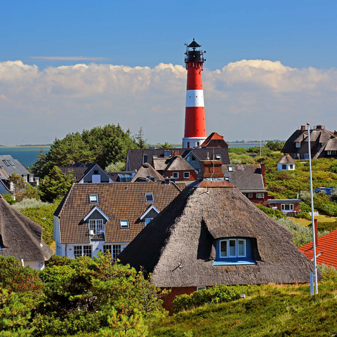 Thatched roof holiday houses in the dunes with lighthouse of Hörnum, island Sylt 1000 Jigsaw Puzzle 3D Modell