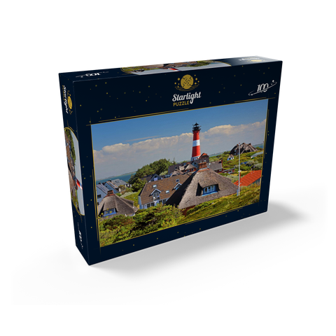 Thatched roof holiday houses in the dunes with lighthouse of Hörnum, island Sylt 100 Jigsaw Puzzle box view1