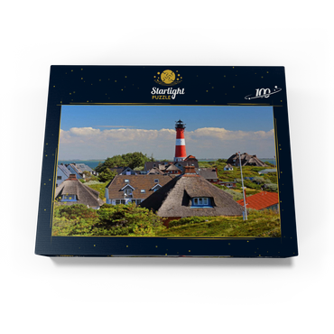 Thatched roof holiday houses in the dunes with lighthouse of Hörnum, island Sylt 100 Jigsaw Puzzle box view1