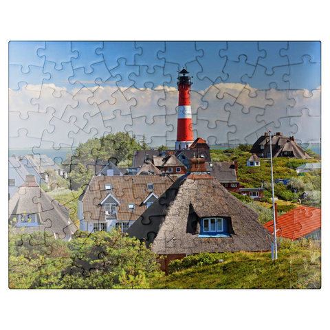 puzzleplate Thatched roof holiday houses in the dunes with lighthouse of Hörnum, island Sylt 100 Jigsaw Puzzle