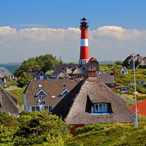 Thatched roof holiday houses in the dunes with lighthouse of Hörnum, island Sylt 100 Jigsaw Puzzle 3D Modell