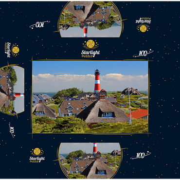 Thatched roof holiday houses in the dunes with lighthouse of Hörnum, island Sylt 100 Jigsaw Puzzle box 3D Modell
