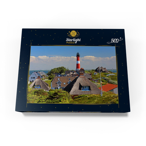 Thatched roof holiday houses in the dunes with lighthouse of Hörnum, island Sylt 500 Jigsaw Puzzle box view1