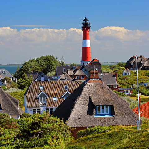 Thatched roof holiday houses in the dunes with lighthouse of Hörnum, island Sylt 500 Jigsaw Puzzle 3D Modell