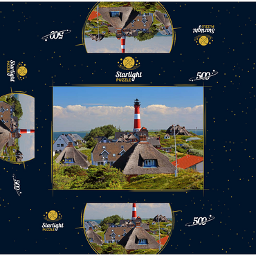 Thatched roof holiday houses in the dunes with lighthouse of Hörnum, island Sylt 500 Jigsaw Puzzle box 3D Modell