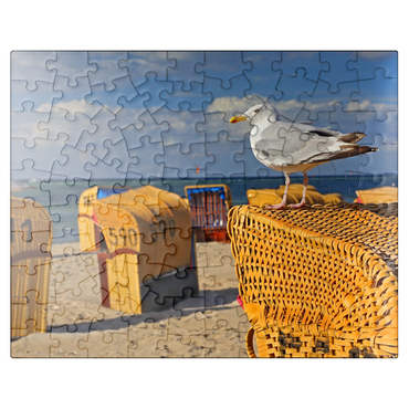 puzzleplate Seagull on a beach chair, Ostseebad Laboe, Schleswig-Holstein, Germany 100 Jigsaw Puzzle