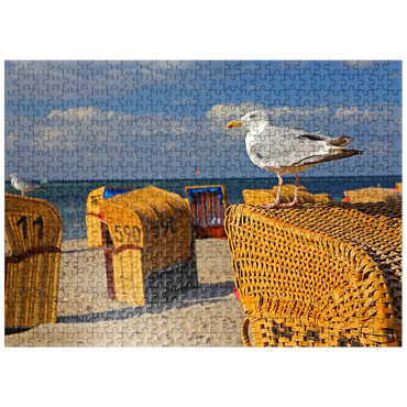 puzzleplate Seagull on a beach chair, Ostseebad Laboe, Schleswig-Holstein, Germany 500 Jigsaw Puzzle