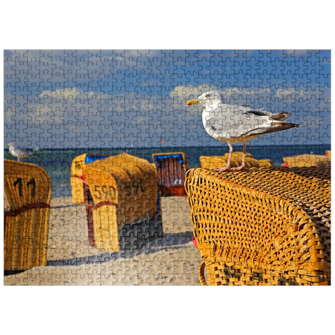 puzzleplate Seagull on a beach chair, Ostseebad Laboe, Schleswig-Holstein, Germany 500 Jigsaw Puzzle