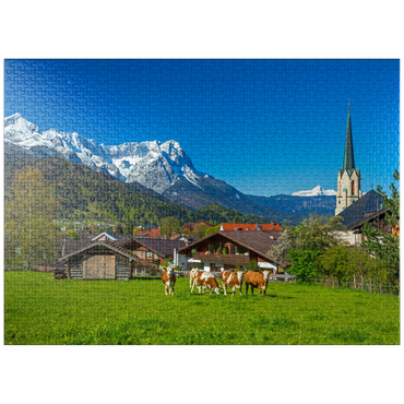 puzzleplate Partenkirchen district with Maria Himmelfahrt parish church against Zugspitz group 1000 Jigsaw Puzzle