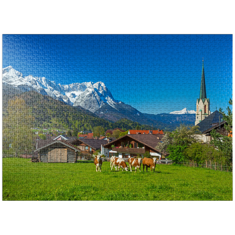 puzzleplate Partenkirchen district with Maria Himmelfahrt parish church against Zugspitz group 1000 Jigsaw Puzzle