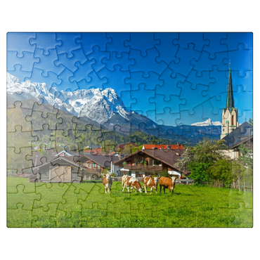 puzzleplate Partenkirchen district with Maria Himmelfahrt parish church against Zugspitz group 100 Jigsaw Puzzle